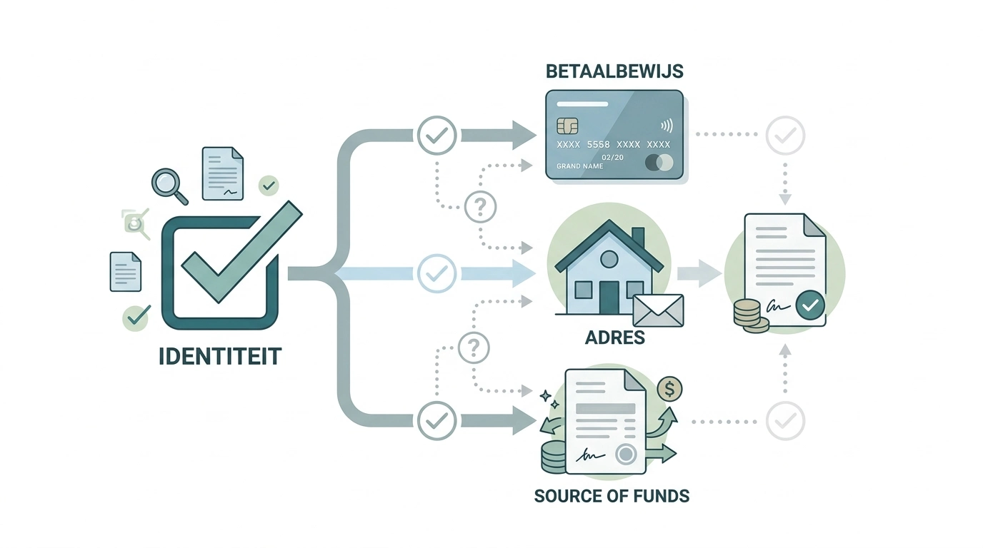 Conceptuele checklist voor KYC met identiteit, betaalbewijs, adres en source of funds, alleen wanneer gevraagd