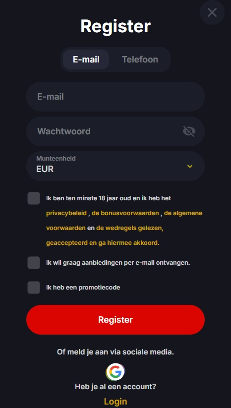 Screenshot van de actuele officiële Yep Casino registratiepagina met lege velden voor accountgegevens