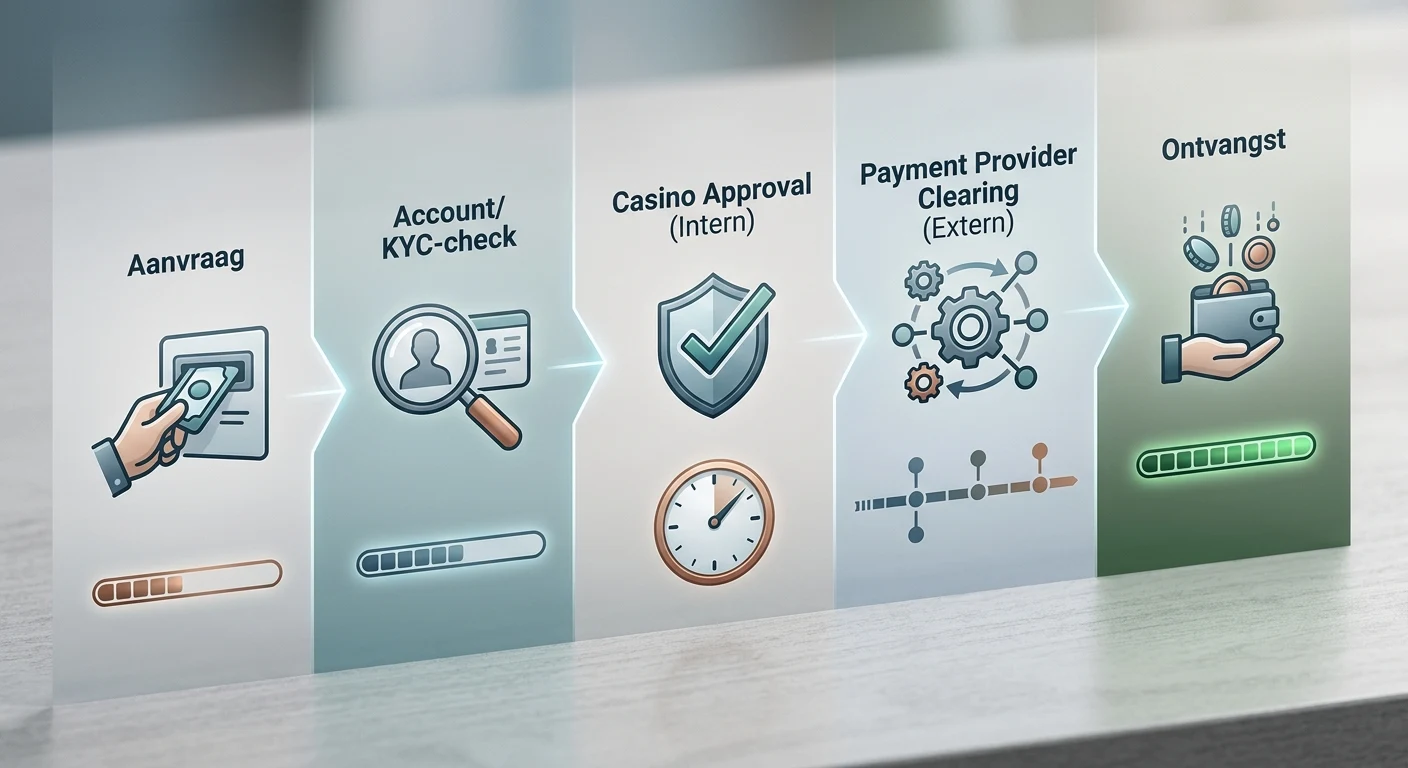 Procesdiagram van Yep Casino opnameaanvraag via verificatie en approval naar payment provider en ontvangst