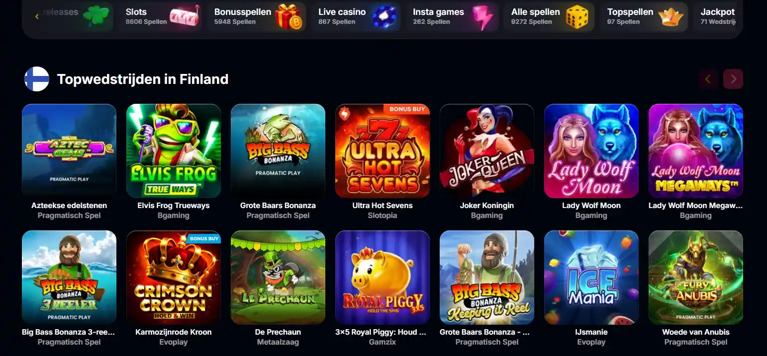 Actuele Yep Casino game-lobby met categorieën en providerkaarten