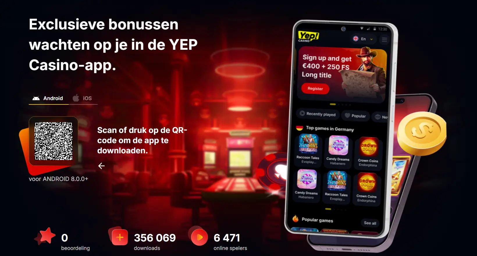 Screenshot van de officiële Yep Casino mobile-application pagina met Android- en iOS-installatieopties