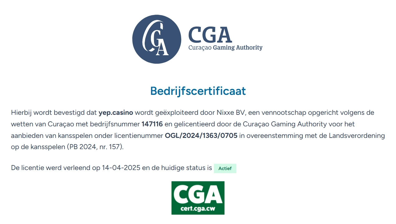 Screenshot van het officiële CGA-certificaat voor yep.casino met Nixxe B.V., licentie OGL/2024/1363/0705 en status Active