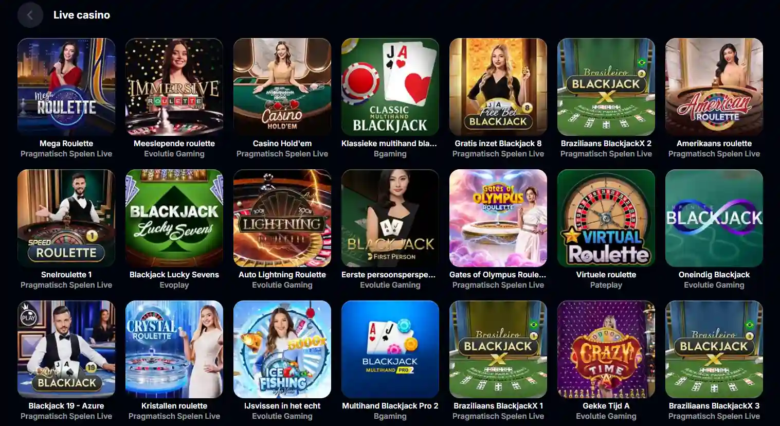 Actuele Yep Casino live-casino lobby met echte live-dealer kaarten