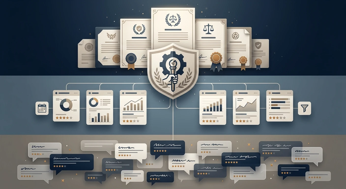 Redactionele illustratie van een bewijs-piramide met officiële voorwaarden en regulator bovenaan, reviewplatformdata in het midden en individuele gebruikersreviews onderaan